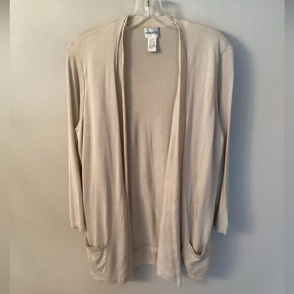 CHICO'S SIZE LARGE 12 TAN SILK BLEND LIGHTWEIGHT OPEN FRONT CARDIGAN SWEATER - Picture 2 of 6